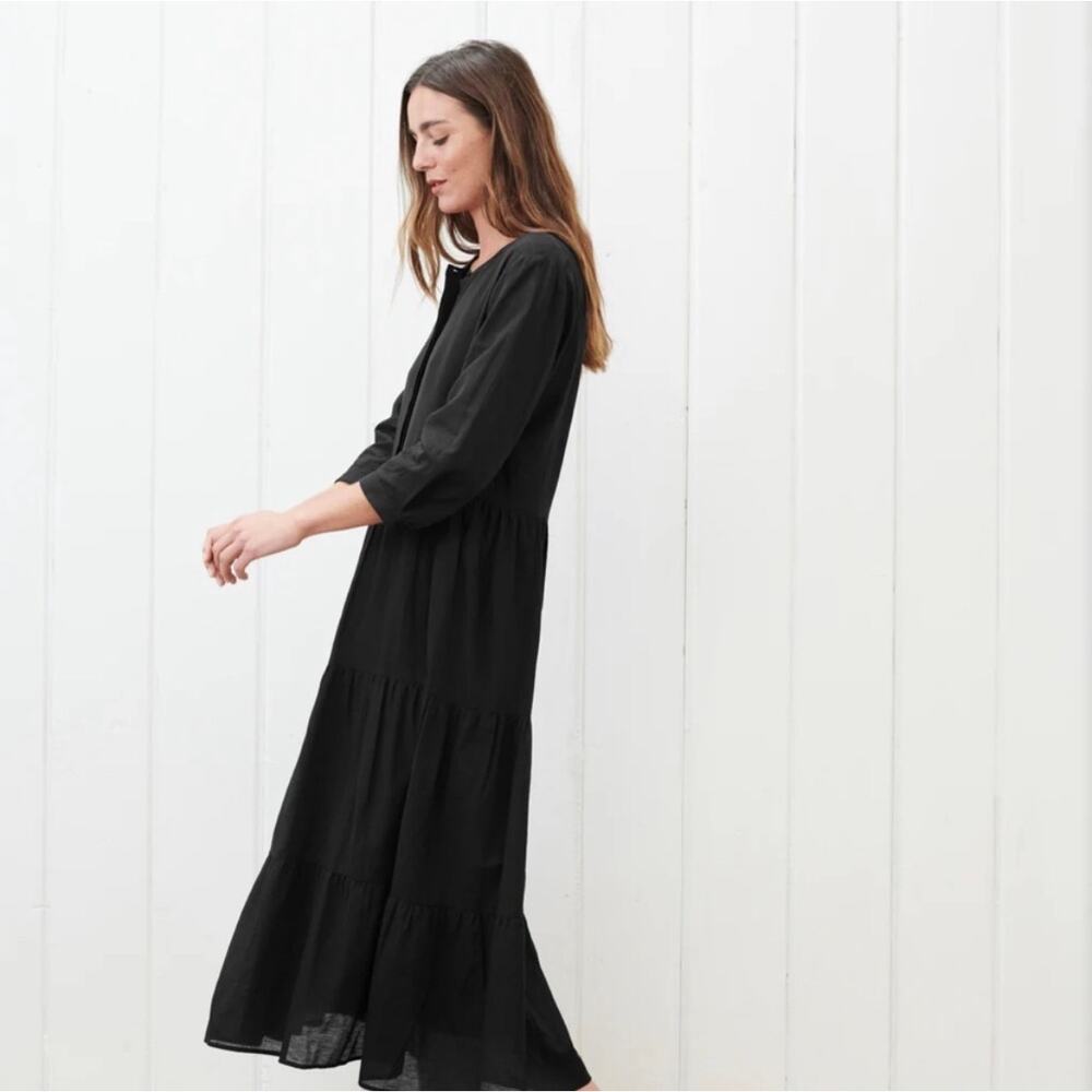 Jenni Kayne Black Cotton JAMES Linen Blend Long Sleeve Tiered Midi Dress Medium - Picture 2 of 8